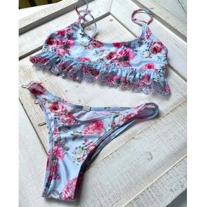 Blue Ruffle Floral Bikini Set